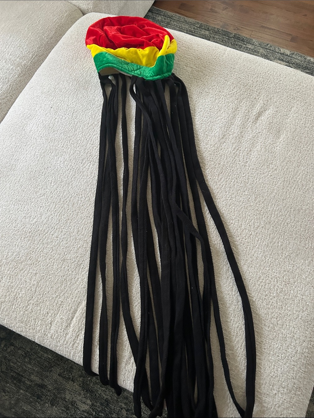 Rasta Stripe Dreadlock Cap with Long Black Faux Dread Straps